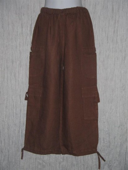 New FLAX Cropped Brown Linen Cargo Floods Pants Jeanne Engelhart Small S