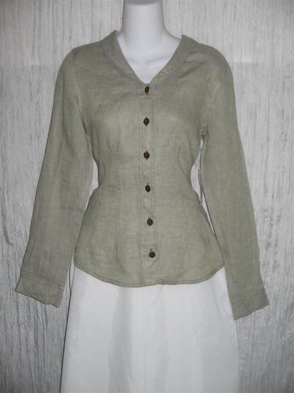 New SOLITAIRE Shapely Green Linen Crossweave Shirt Top Small S