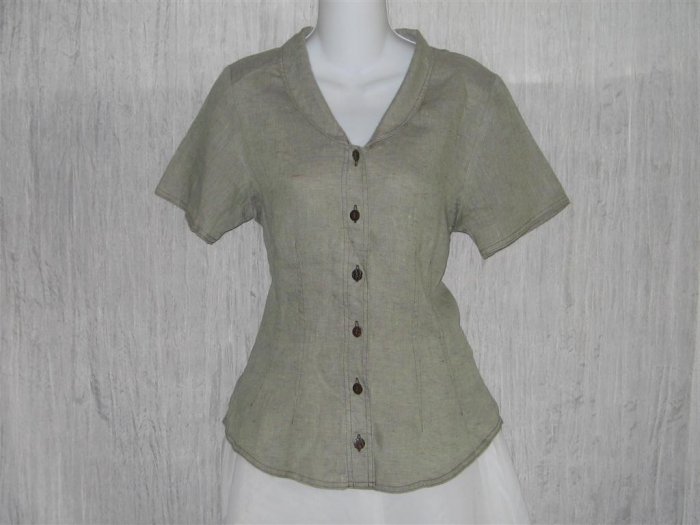 New SOLITAIRE Shapely Green Linen Crossweave Shirt Top Large L