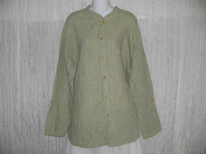 Jeanne Engelhart FLAX Green Grid Linen Button Tunic Top Shirt M