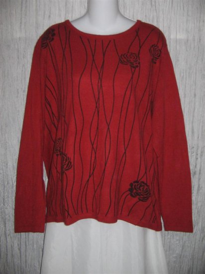 Cathy Daniels Red Orange Flocked Floral Tunic Top Sweater XL