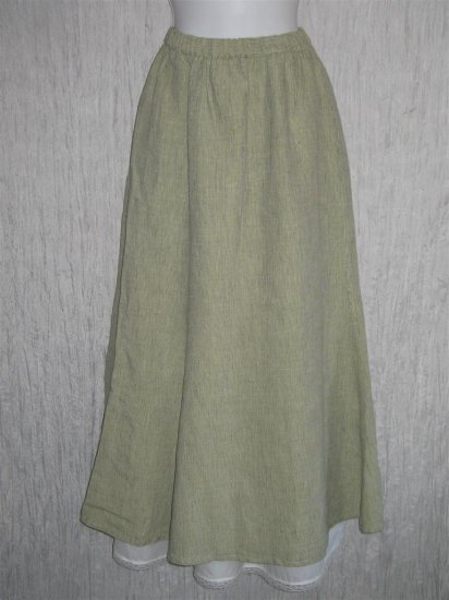 Jeanne Engelhart FLAX Long & Full Green Grid LINEN Skirt Medium M