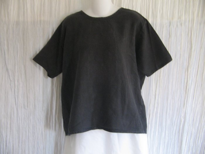FLAX by Angelheart Black Linen Pullover Shirt Tunic Top Medium M