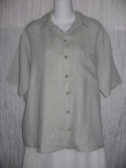 Jeanne Engelhart FLAX Blue Grid Linen Button Shirt Tunic Top Medium M