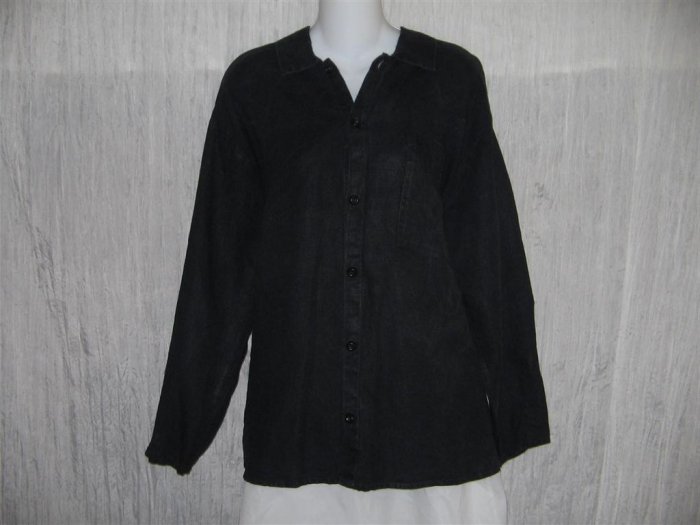 Jeanne Engelhart FLAX Black Linen Button Shirt Tunic Top Medium M