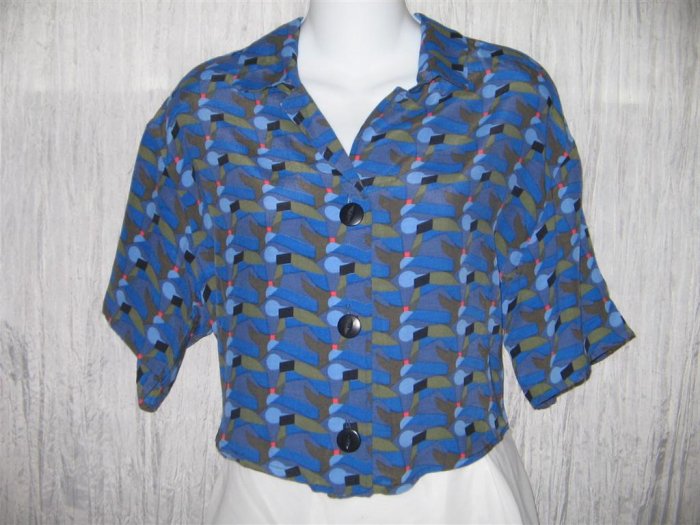 Jeanne Engelhart FLAX Cropped Shapely Blue Rayon Shirt Top Small S