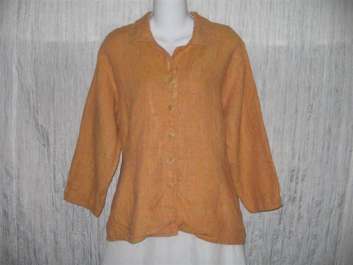 Jeanne Engelhart FLAX Shapely Orange Linen Button Shirt Tunic Top Medium M