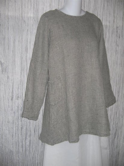 FLAX by Jeanne Engelhart Long Shapely Thermal Linen Pocket Tunic Top Shirt Small S
