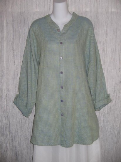 Jeanne Engelhart FLAX Blue Green Linen Button Tunic Top Shirt Large L