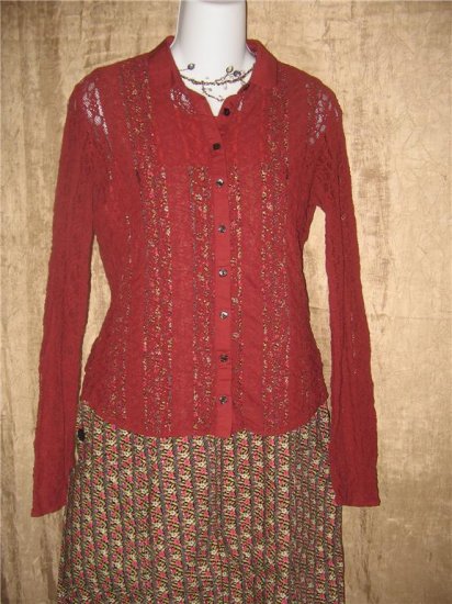 J. Jill Rust Red Stretch Lace Button Shirt Tunic Top X-Small XS