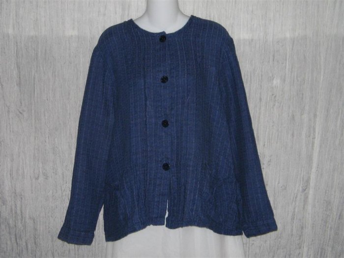 FLAX Textured Blue Boxy Button Jacket Shirt Top Jeanne Engelhart Medium M