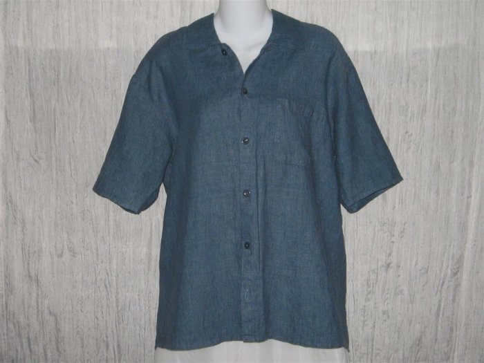 FLAX Blue Linen Button Shirt Tunic Top Jeanne Engelhart Petite P