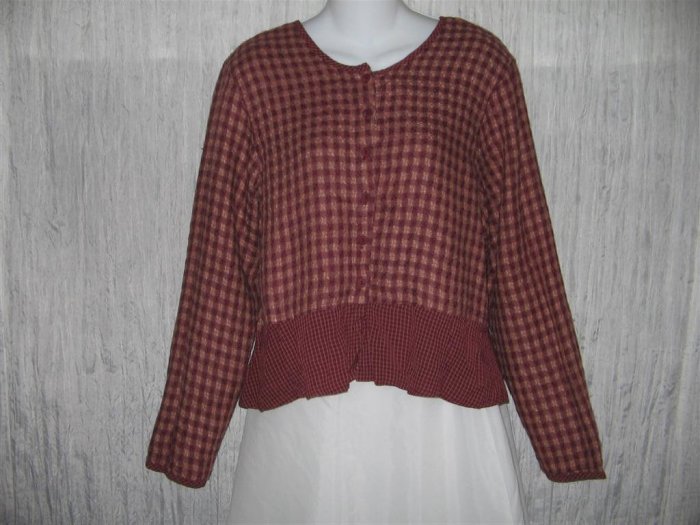 FLAX Shapely Red Plaid Peplum Jacket Shirt Top Jeanne Engelhart Small S