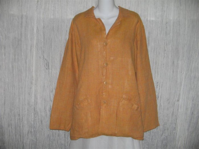Jeanne Engelhart FLAX Long Orange Linen Tunic Jacket Top Medium
