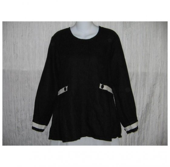 New FLAX Black Textured LINEN Shapely Tunic Top Shirt Jeanne Engelhart Small