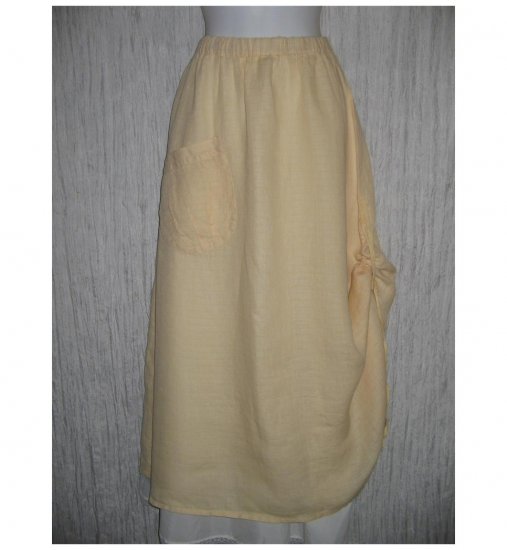New FLAX Long & Full Yellow LINEN Ruched Skirt Jeanne Engelhart Small S