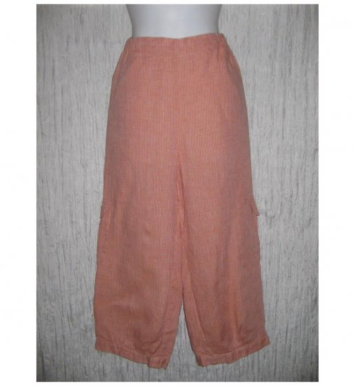 New FLAX Rose Check Cropped LINEN Cargo Pants Jeanne Engelhart Small S