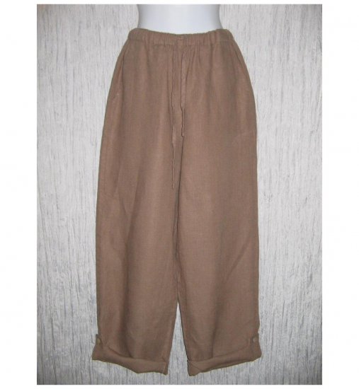 New FLAX Brown LINEN Button Tab Drawstring Pants Jeanne Engelhart Small S