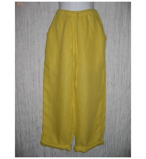 New FLAX Mustard LINEN Button Tab Drawstring Pants Jeanne Engelhart Small S