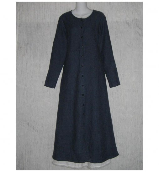 New Flax Shapely Blue LINEN Duster Dress Jacket Jeanne Engelhart Small S