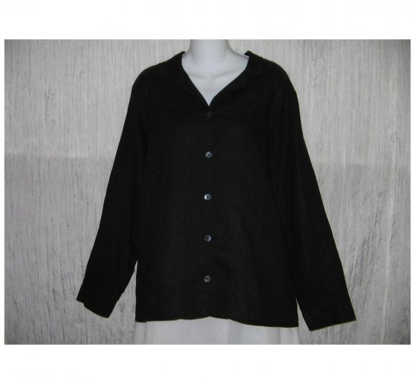 New FLAX Simple Black LINEN Button Shirt Tunic Top Jeanne Engelhart Small S