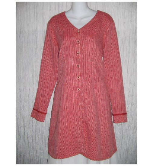 New FLAX Long Shapely Textured Red LINEN Tunic Top Jacket Jeanne Engelhart Small S