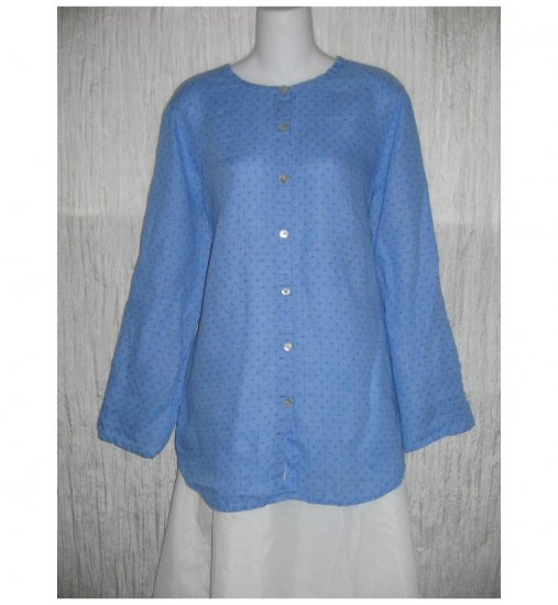New FLAX Blue Dots Linen Button Tab Tunic Top Shirt Jeanne Engelhart S