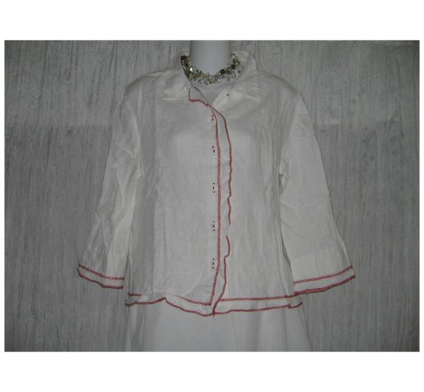 Willow Red Trim White Linen Button Shirt Tunic Top Small S