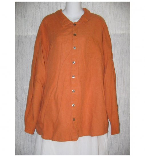 FLAX Orange Linen Button Shirt Tunic Top Jeanne Engelhart Large L