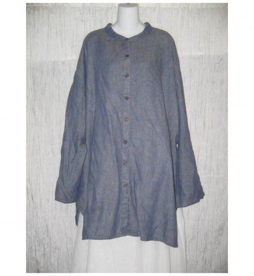 Jeanne Engelhart FLAX Blue Linen Button Tab Tunic Top Shirt Generous G