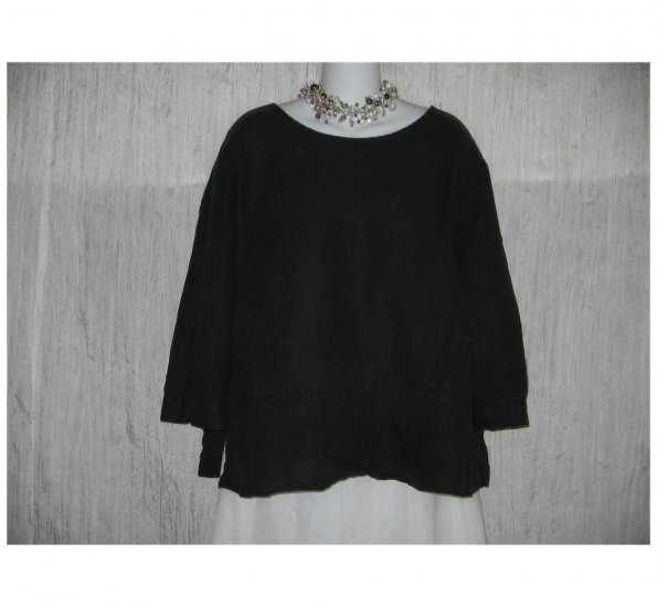 FLAX Skirted Black Linen Pullover Shirt Tunic Top Jeanne Engelhart 1G