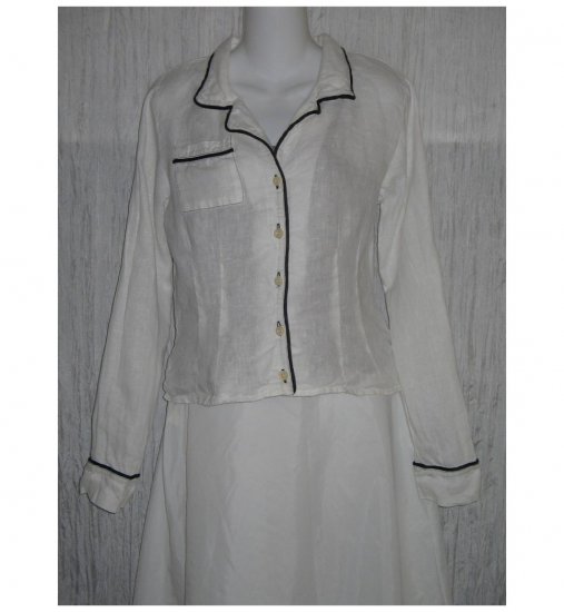Solitaire Black Trimmed White Linen Button Shirt Tunic Top Medium M