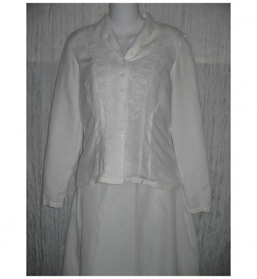 April Cornell Trading White Embroidered Linen Button Shirt Tunic Top Small Petite SP