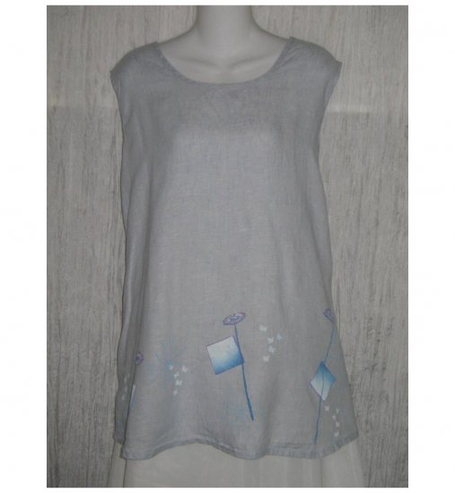Jeanne Engelhart FLAX Blue Floral Linen Tank Top Shirt 2G