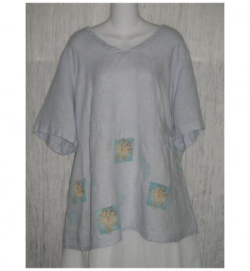 Jeanne Engelhart FLAX Blue Floral Linen Skirted Tunic Top Shirt 2G