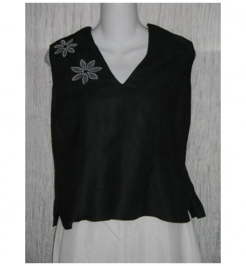 Dina K Black Embroidered Ramie Viscose Tank Top Shirt Large L
