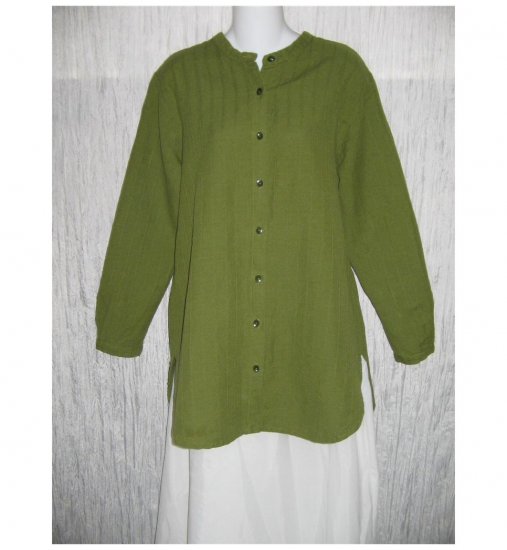 FLAX Green Linen Button Shirt Tunic Top Jeanne Engelhart Small S