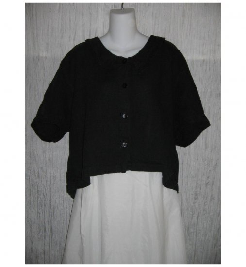 Black Boutique Cropped Linen Lagenlook Linen Button Shirt Top Large L