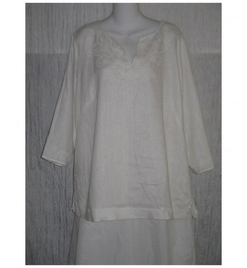 Long Embroidered White Linen Pullover Shirt Tunic Top X-Large XL
