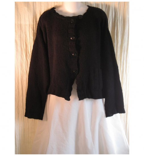 FLAX Soft Black Pima Cotton Cropped Cardigan Sweater Jeanne Engelhart M L