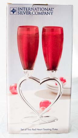 Champagne Wedding Red/Silver Heart Toasting Flutes 10" NIB
