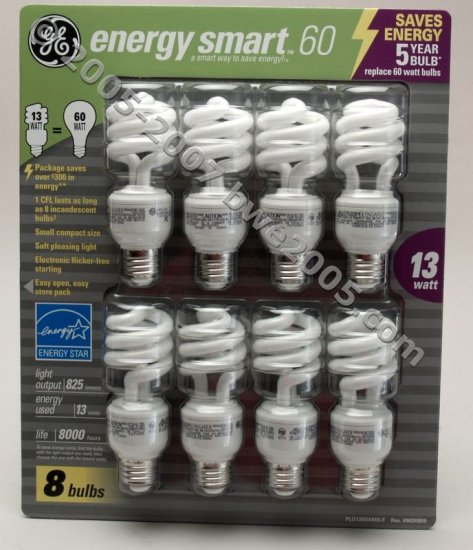 Fluorescent Bulbs by GE 8-Pack 13 Watt bulbs with 60 watt Output Save Electricity NIB