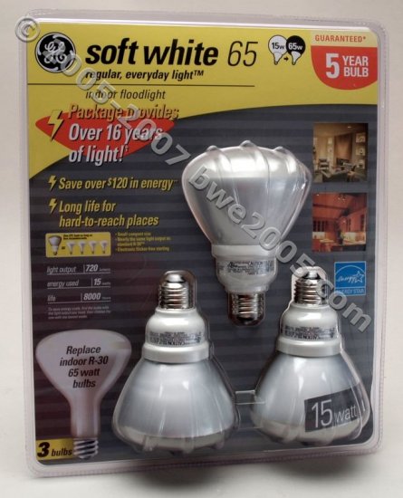 Fluorescent Bulbs GE 3-Pack 15 Watt R-30 Floodlight bulbs with 65 watt Output Save Electricity NIB