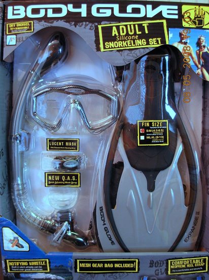 Body Glove size ML-XL GREY Adult Snorkel Set Mask Fin Snorkle Gear Bag Professional Silicon NIB