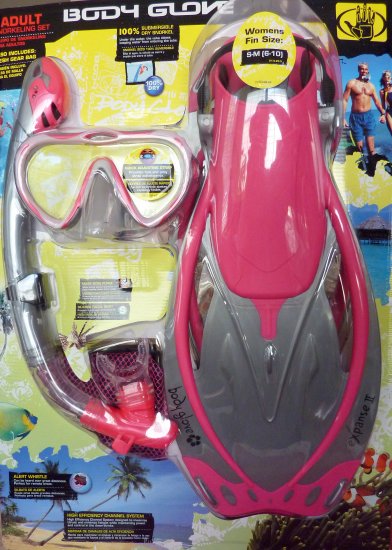 Body Glove size S Ladies PINK Adult Snorkel Set Mask Fin Snorkle Bag Professional Silicon NIB