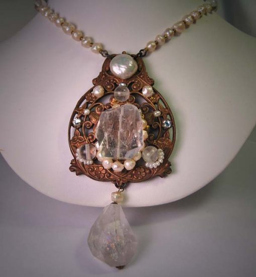 Large Rock Crystal Peal Necklace on Filigree by J. Wass Designer Jewelry