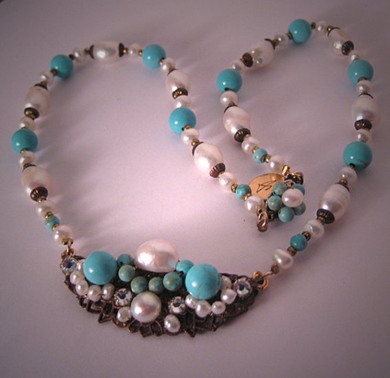 Persian Blue Turquoise Necklace with Pearls by J. Wass Designer Jewelry