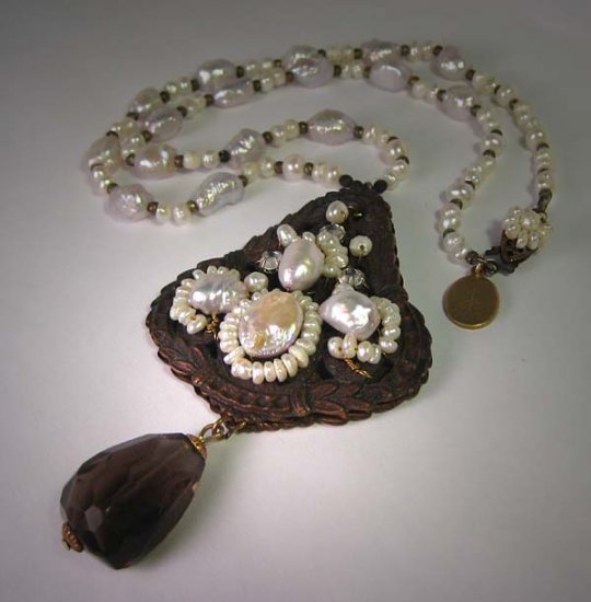 Vintage Filigreed Pearl Necklace with Smokey Quartz Drop by J. Wass Designer Jewelry