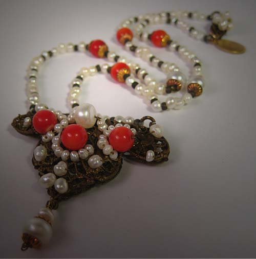 Antique Inspired Coral and Pearl Necklace by J. Wass Designer Jewelry