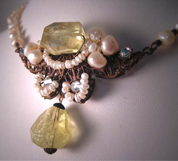 Lemon Quartz and Seed Pearl Necklace by J. Wass Designer Jewelry
